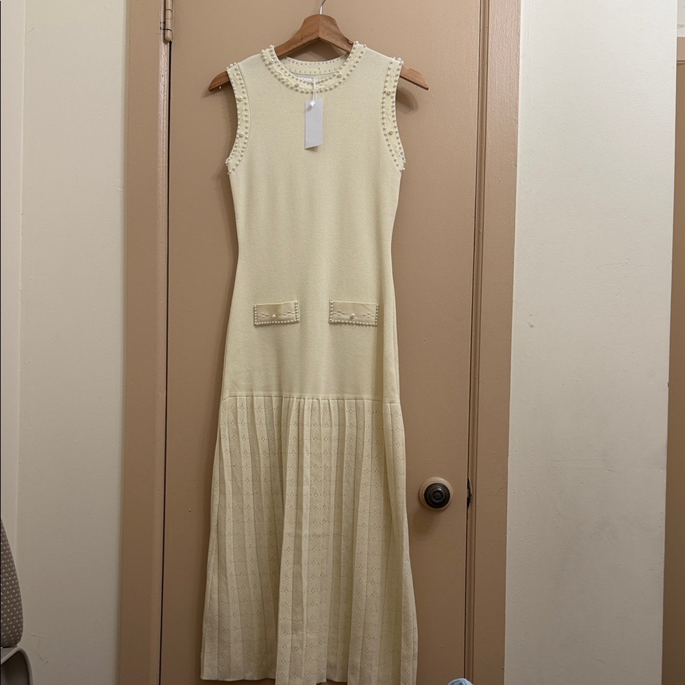 Clone 1:1 S A N D R O INSIPERED Sleeveless Cream Knit Maxi Dress with Pearl Trim